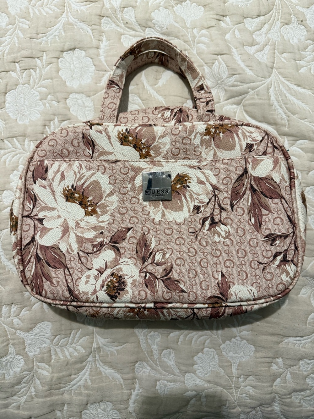 GUESS Blush Pink Floral Cosmetic Case with Top Handle NWT